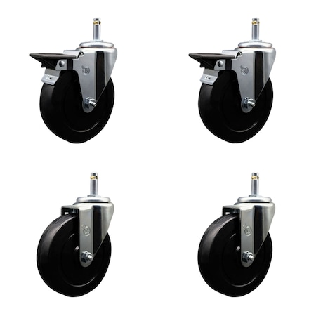 Service Caster 5'' Soft Rubber Wheel Swivel 7/16'' Grip Ring Stem Caster Set 2 Brakes, 4PK SCC-GR20S514-SRS-PLB-716138-2-S-2